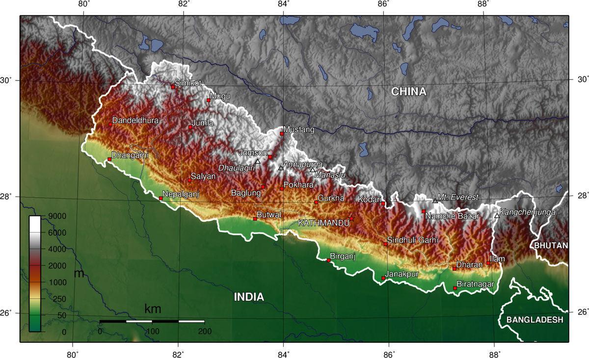 nepal mwinuko ramani