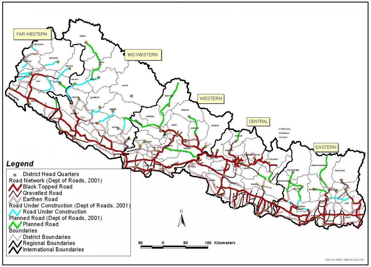 Ramani ya barabara nepal na wilaya